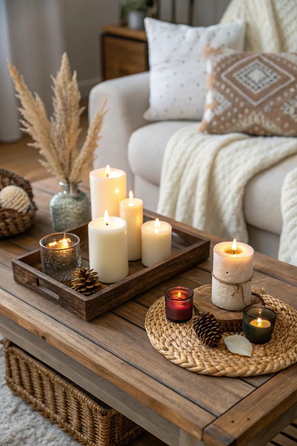 Playing with candle heights adds depth to your decor.