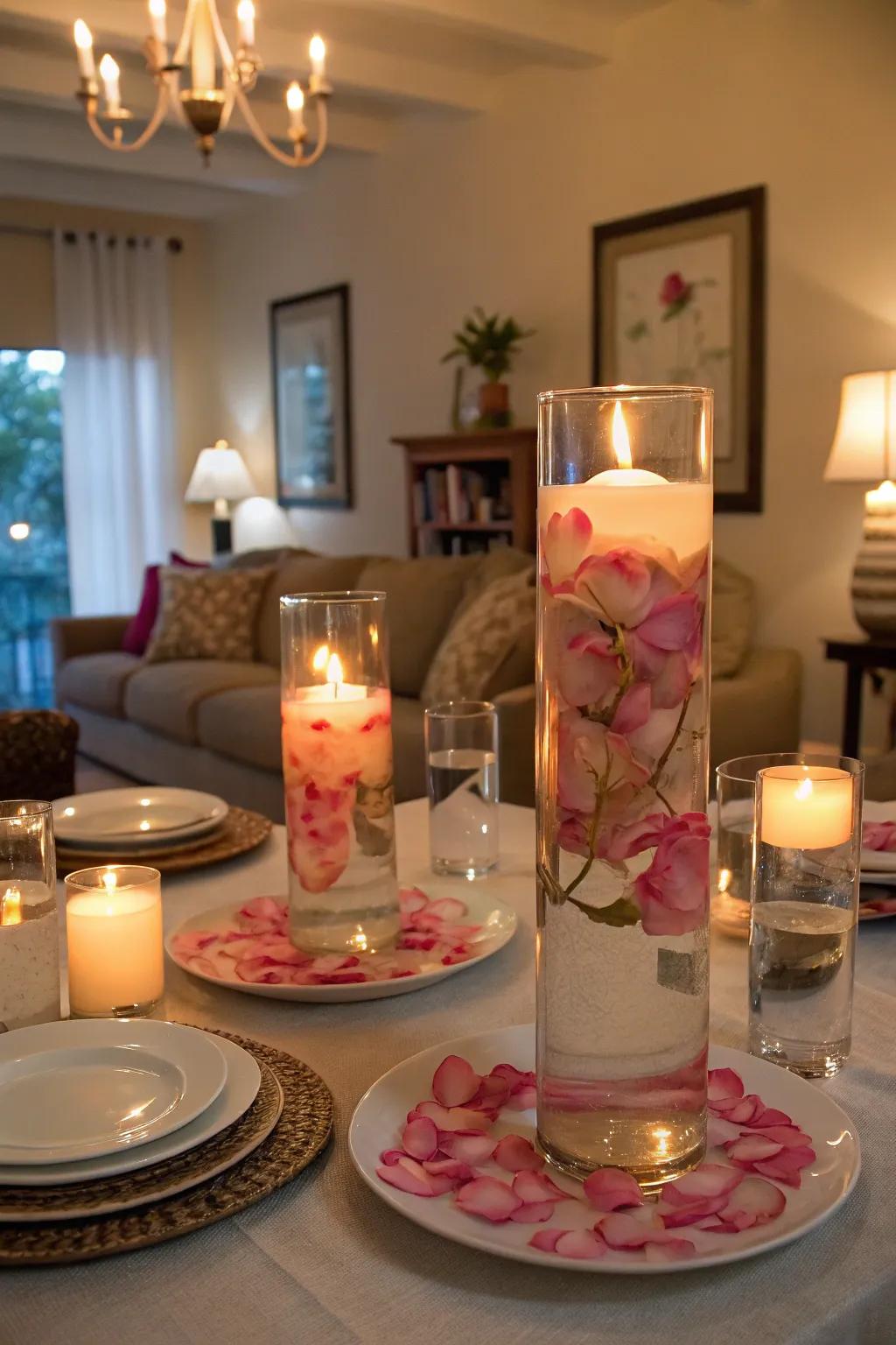 Floating lights and floral pieces create an effortless, yet chic centerpiece.