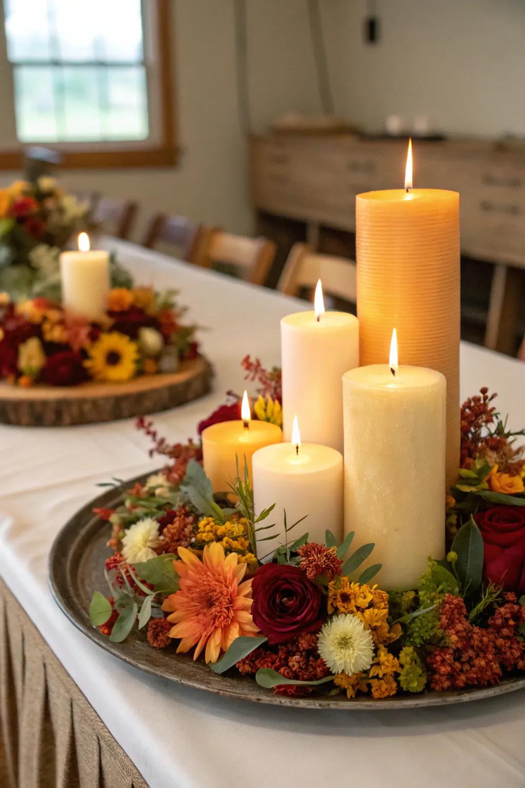 A tiered arrangement of tapered wax lights paired with seasonal flowers.