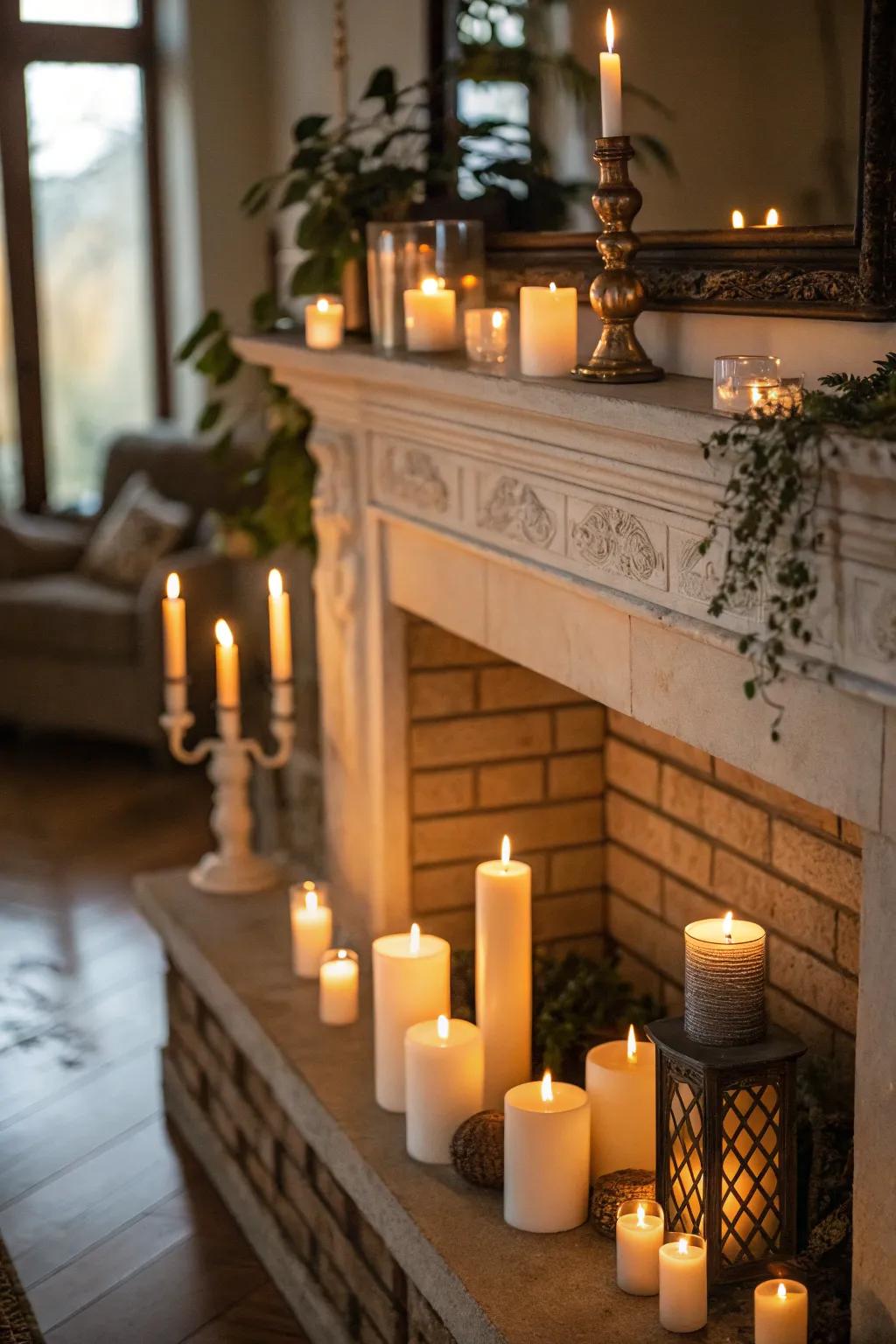 Candles in different sizes add visual interest and depth to the fireplace.