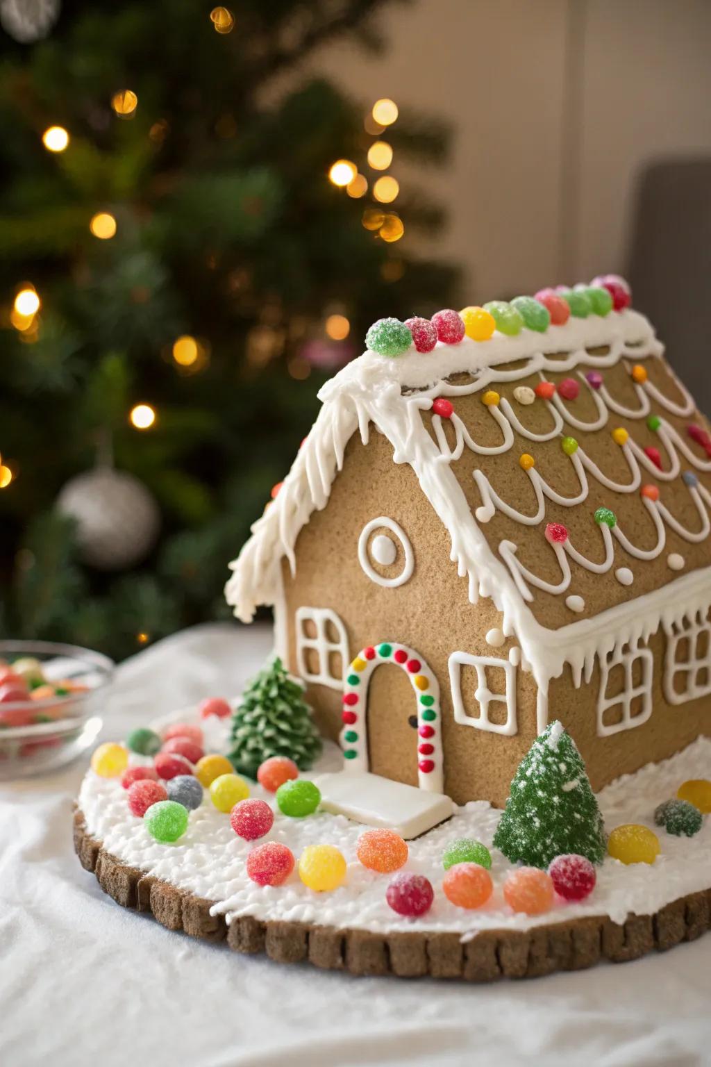Sugar drops fashioned into charming bushes encircling the gingerbread house.