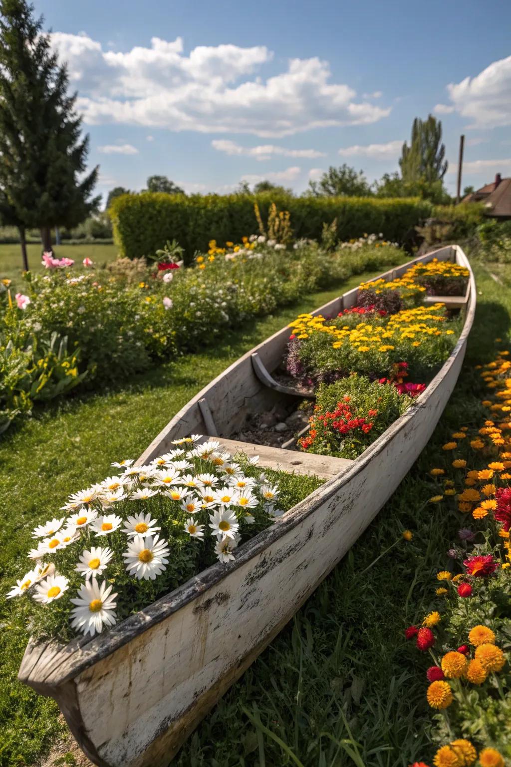 A canoe planter bursting with vibrant flowers to brighten any garden setting.
