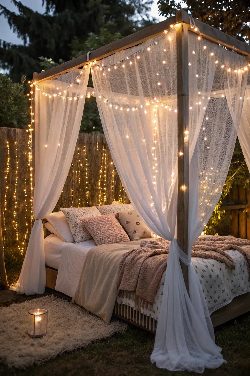 Fairy lights bring a magical shimmer to your canopy bed.