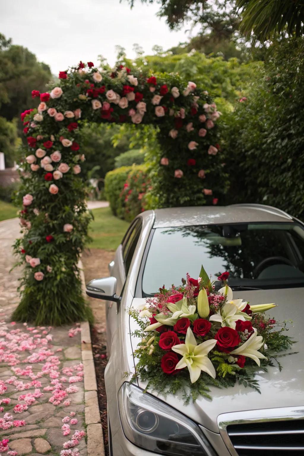 A gorgeous floral display elevates the elegance of the wedding car's hood.