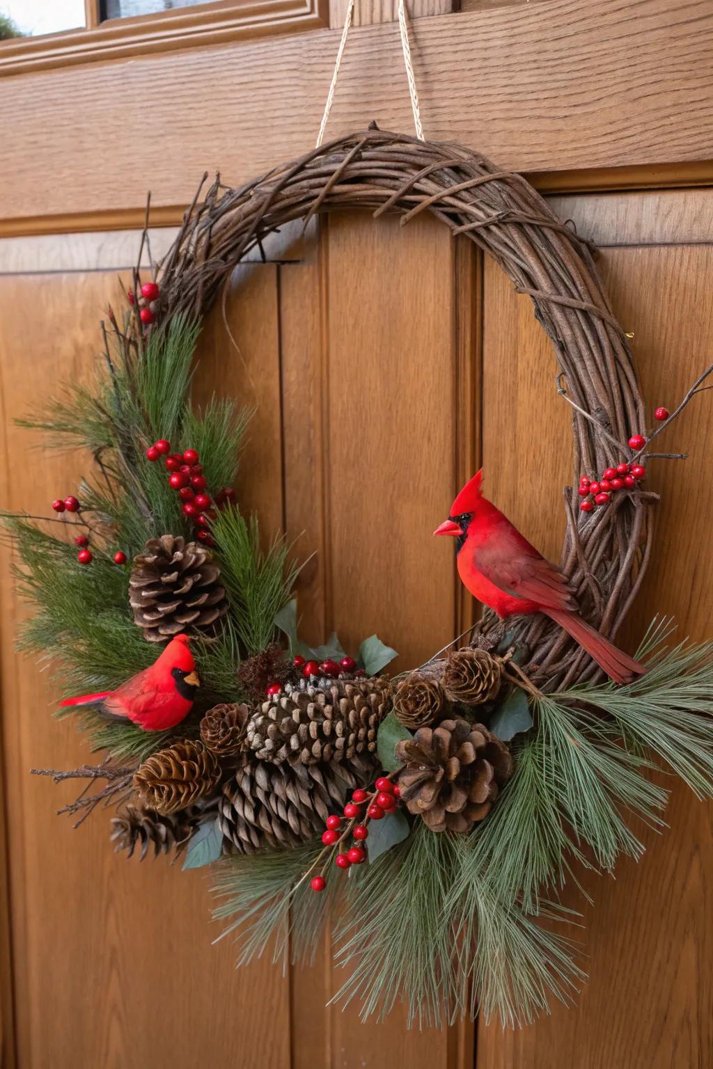 A traditional songbird wreath with rustic allure.