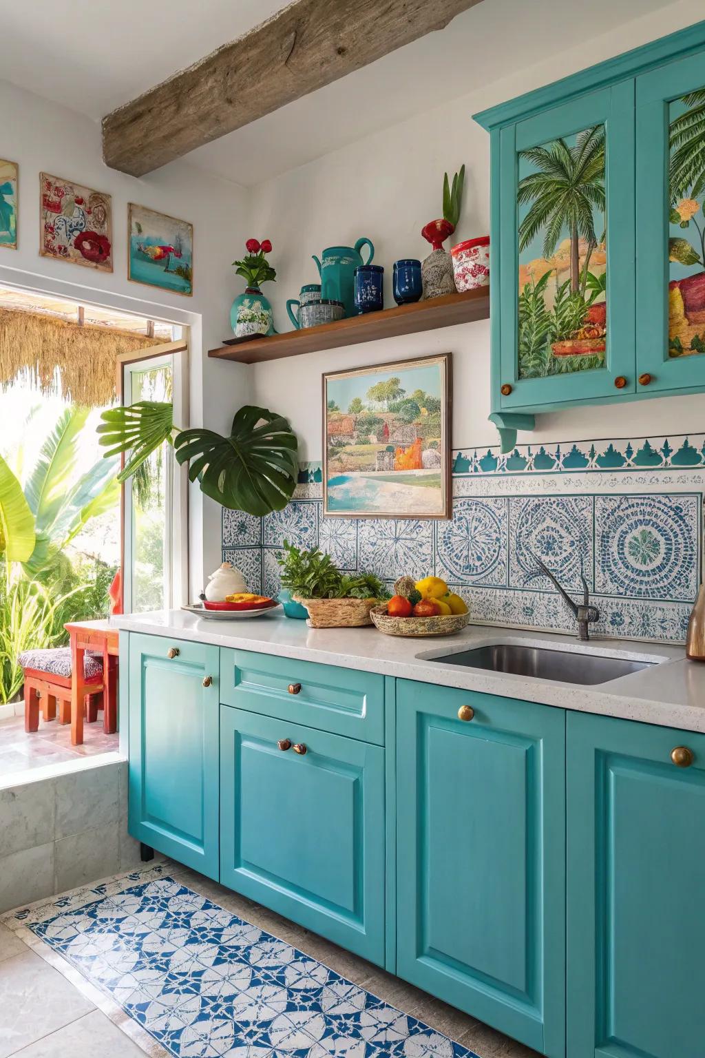 Turquoise cabinets channel the Caribbean sea into your kitchen.