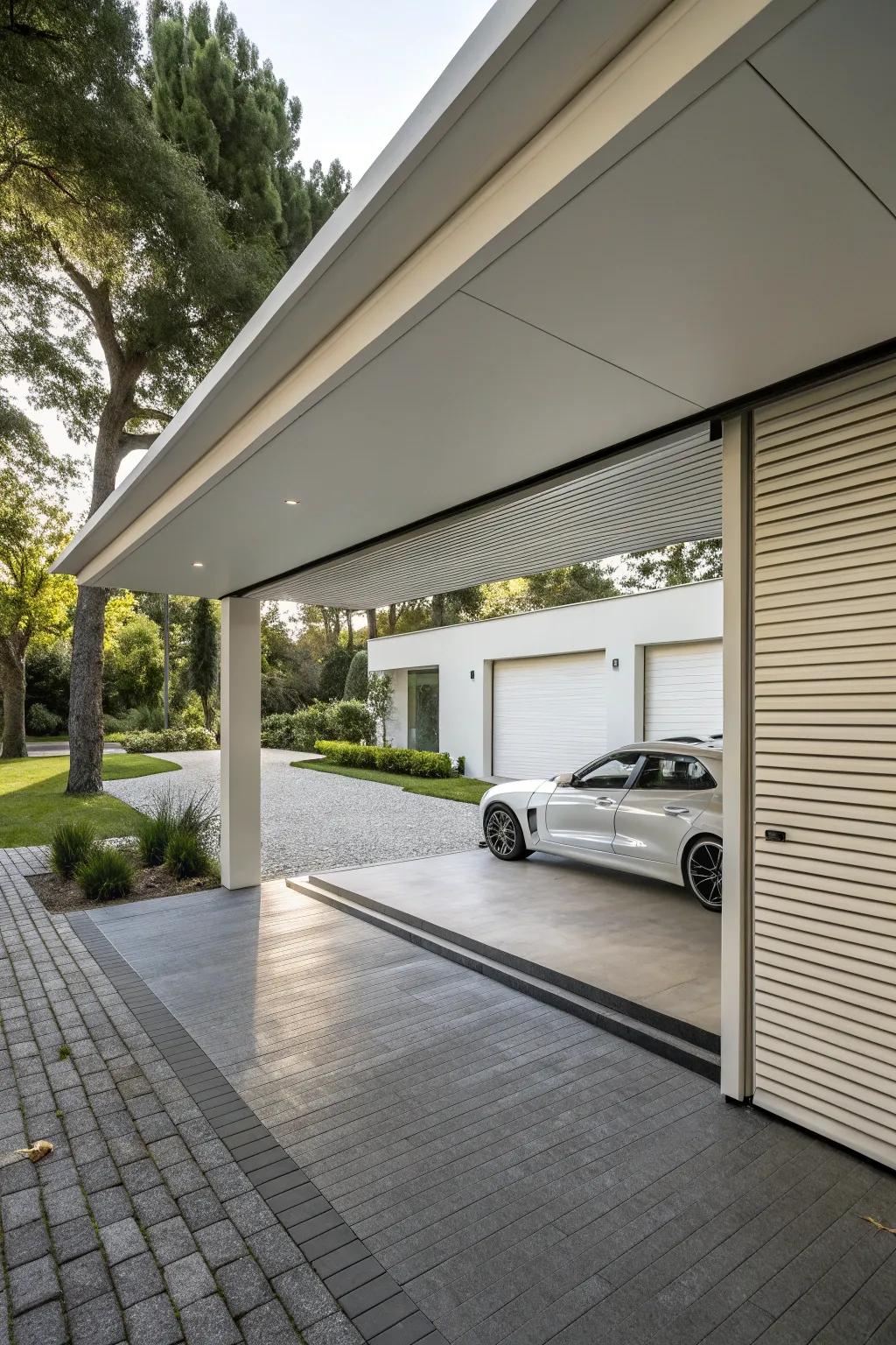 A carport showcasing streamlined roll-up doors, perfectly complementing its modern structural design.