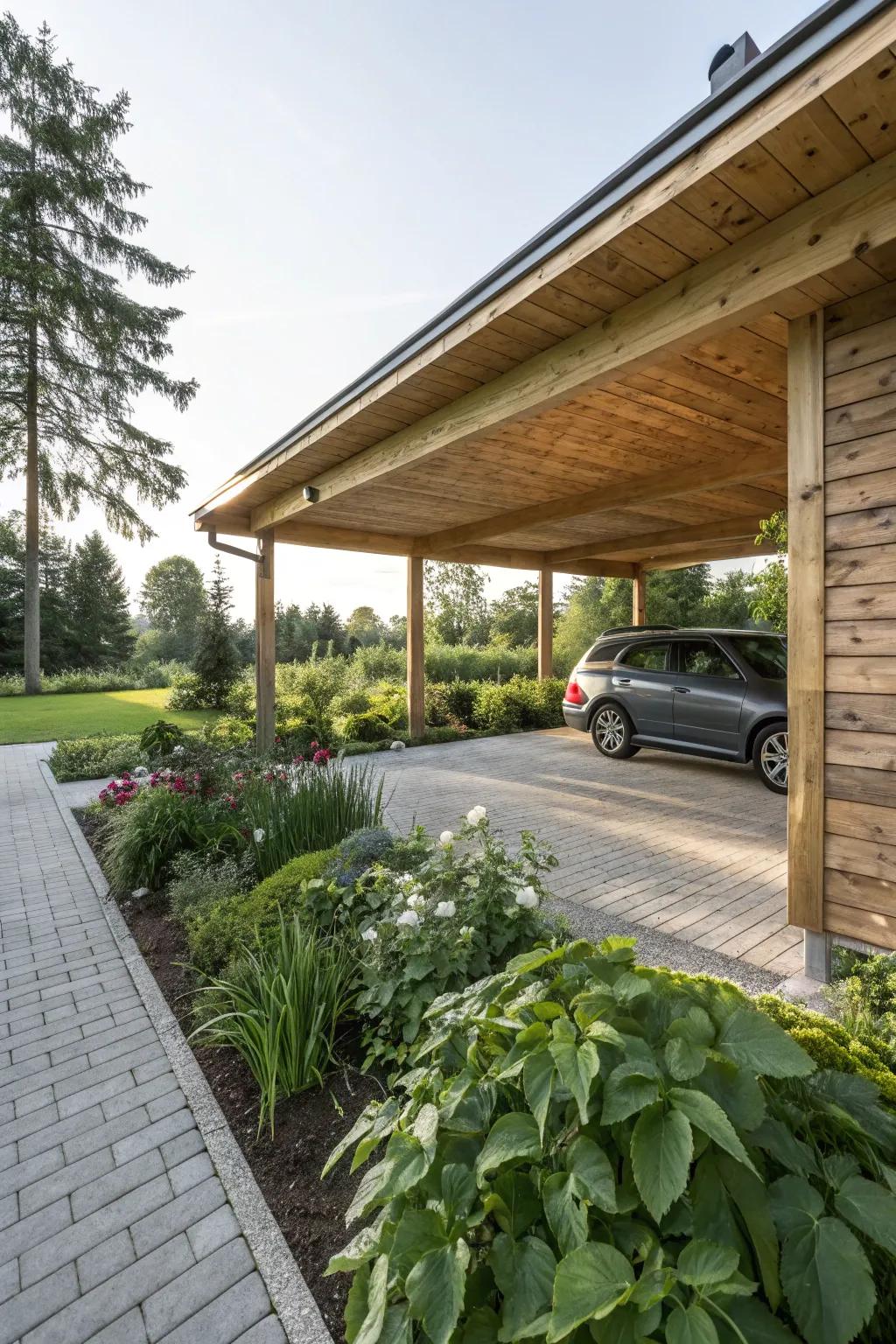 A timber carport showcasing exquisite grain details, bringing warmth and sophistication to the home.