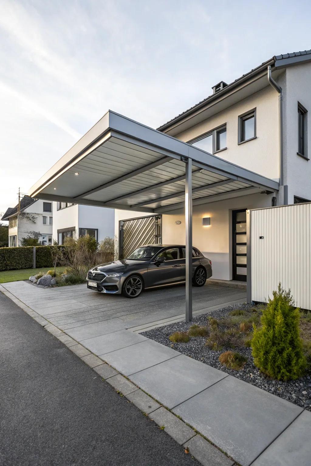 A minimalist carport featuring elegant metallic elements.