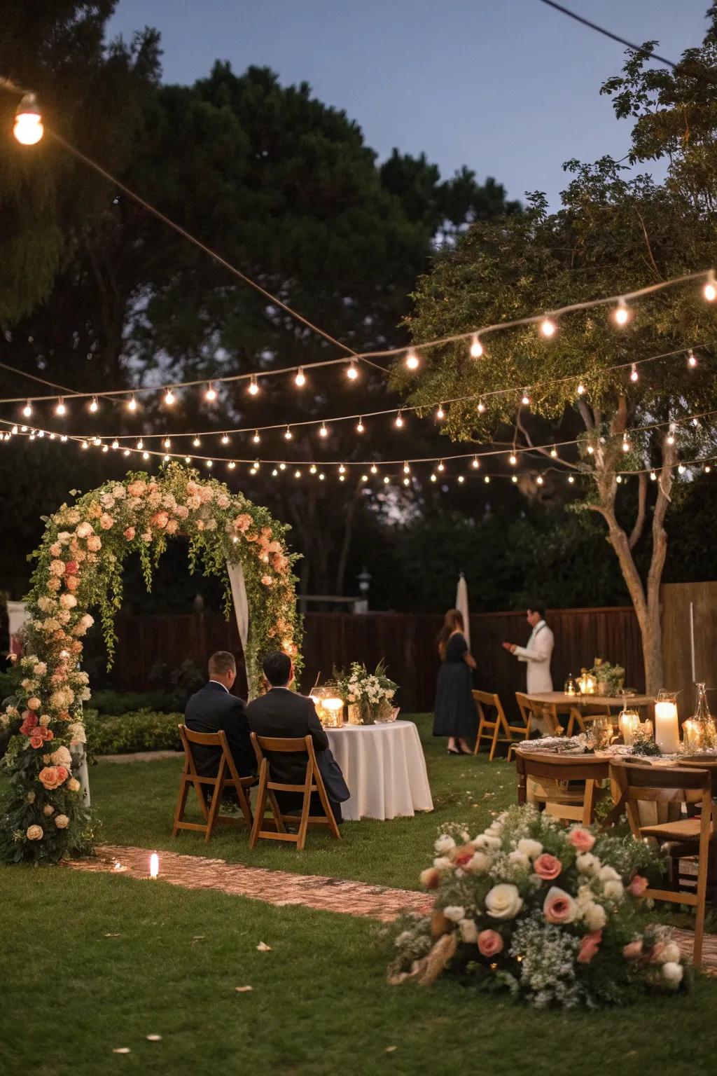 Twinkling string lights craft a magical ambiance perfect for a backyard wedding.