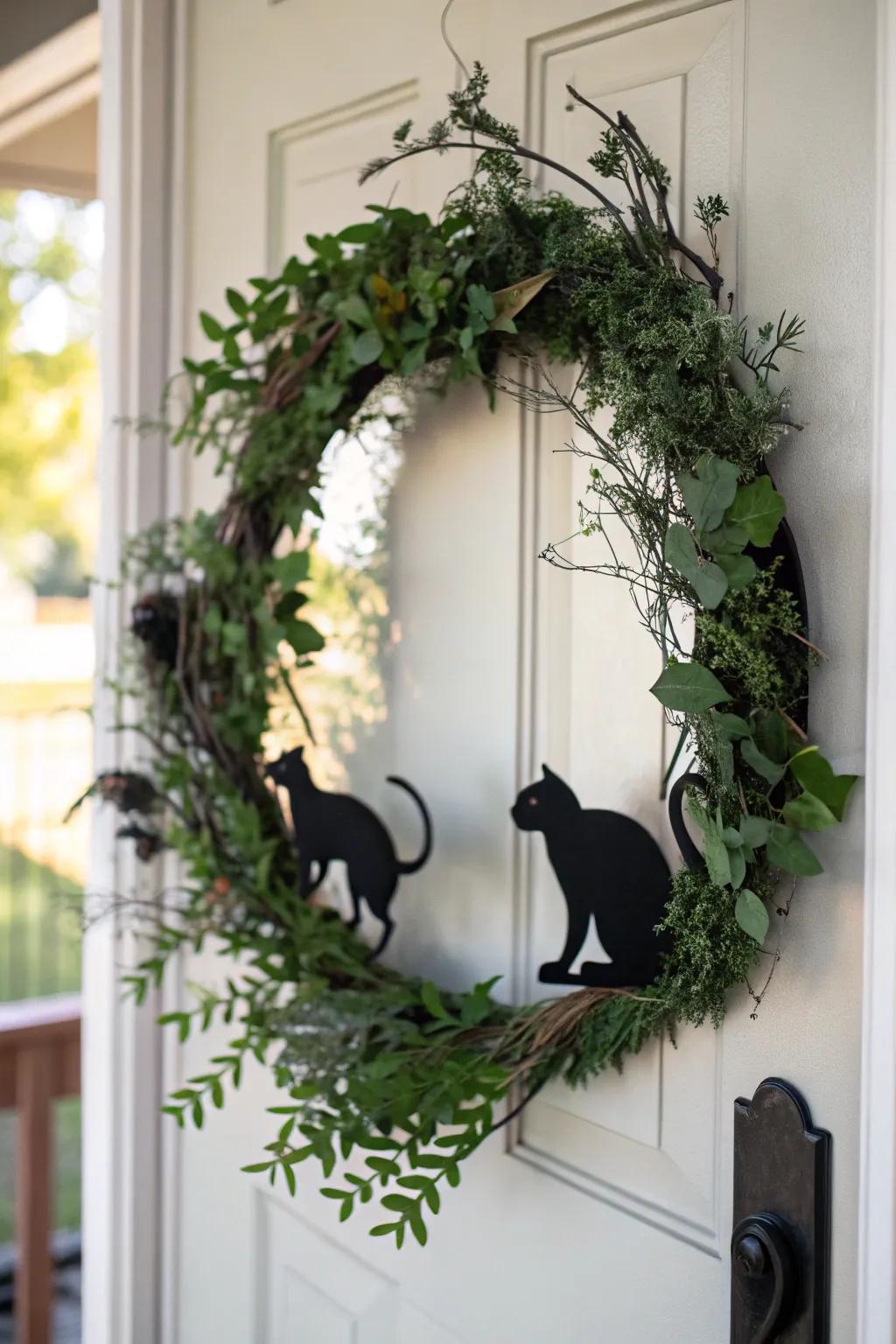 An eerie yet elegant shadow cat wreath.