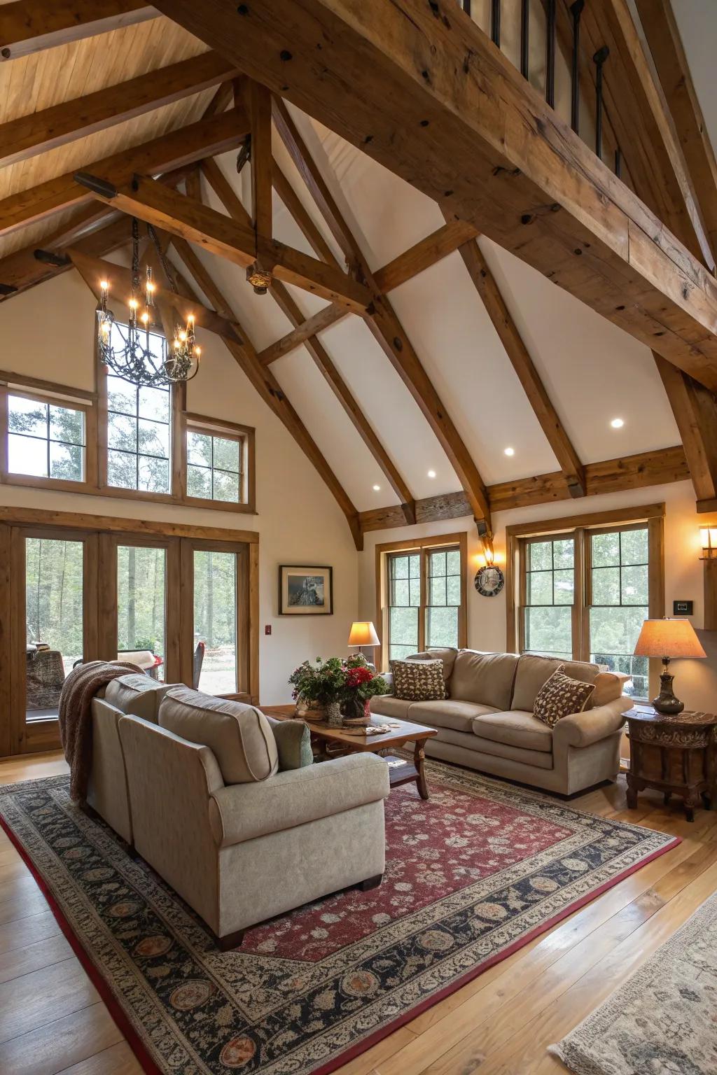 Exposed beams lend a rustic touch to this comfortable living area.