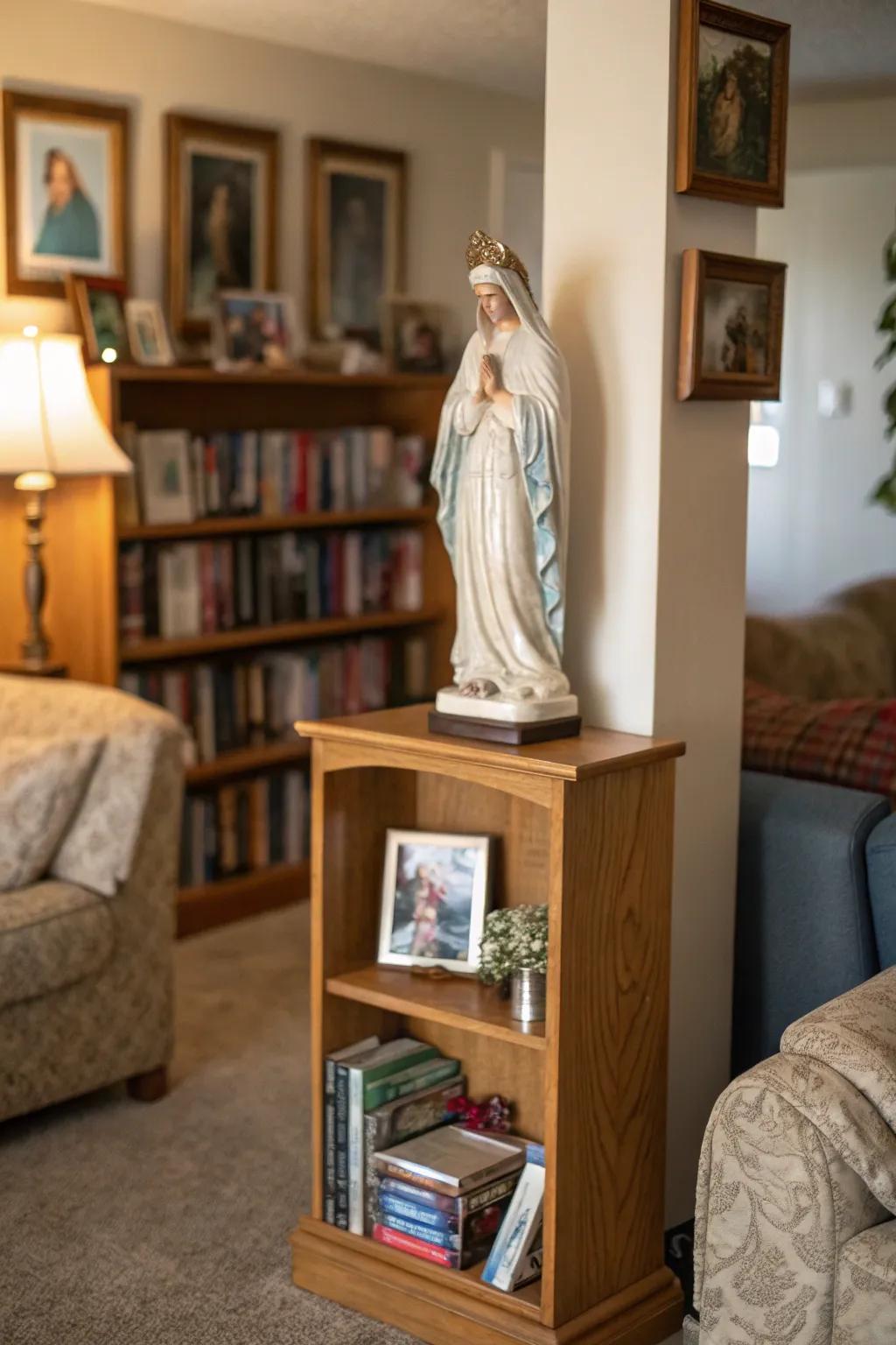 A small statue of the Virgin Mary introduces a sense of grace to any room.