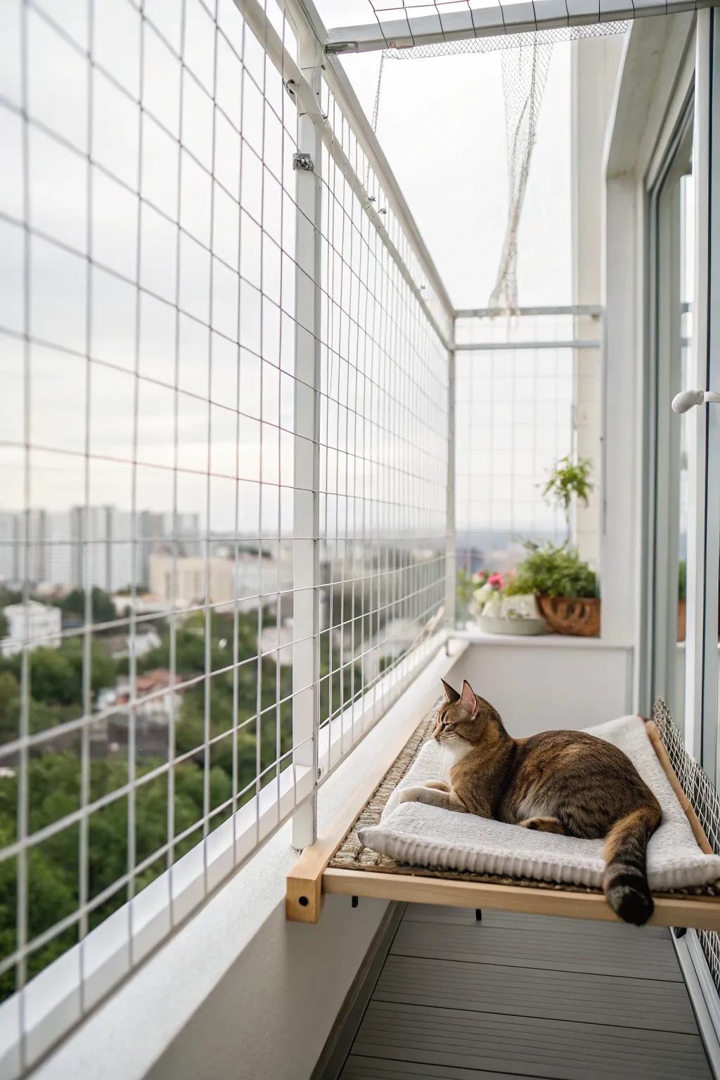 A chic wire surround delivers both safety and flair to your balcony catio.