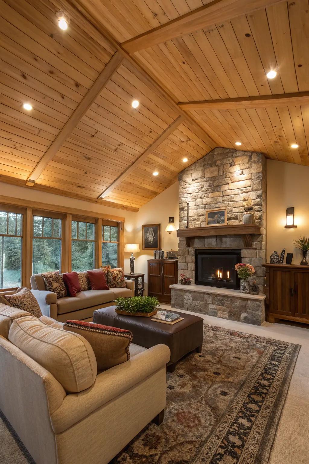 A comfortable living space enhanced by a wooden plank ceiling and warm fireplace.