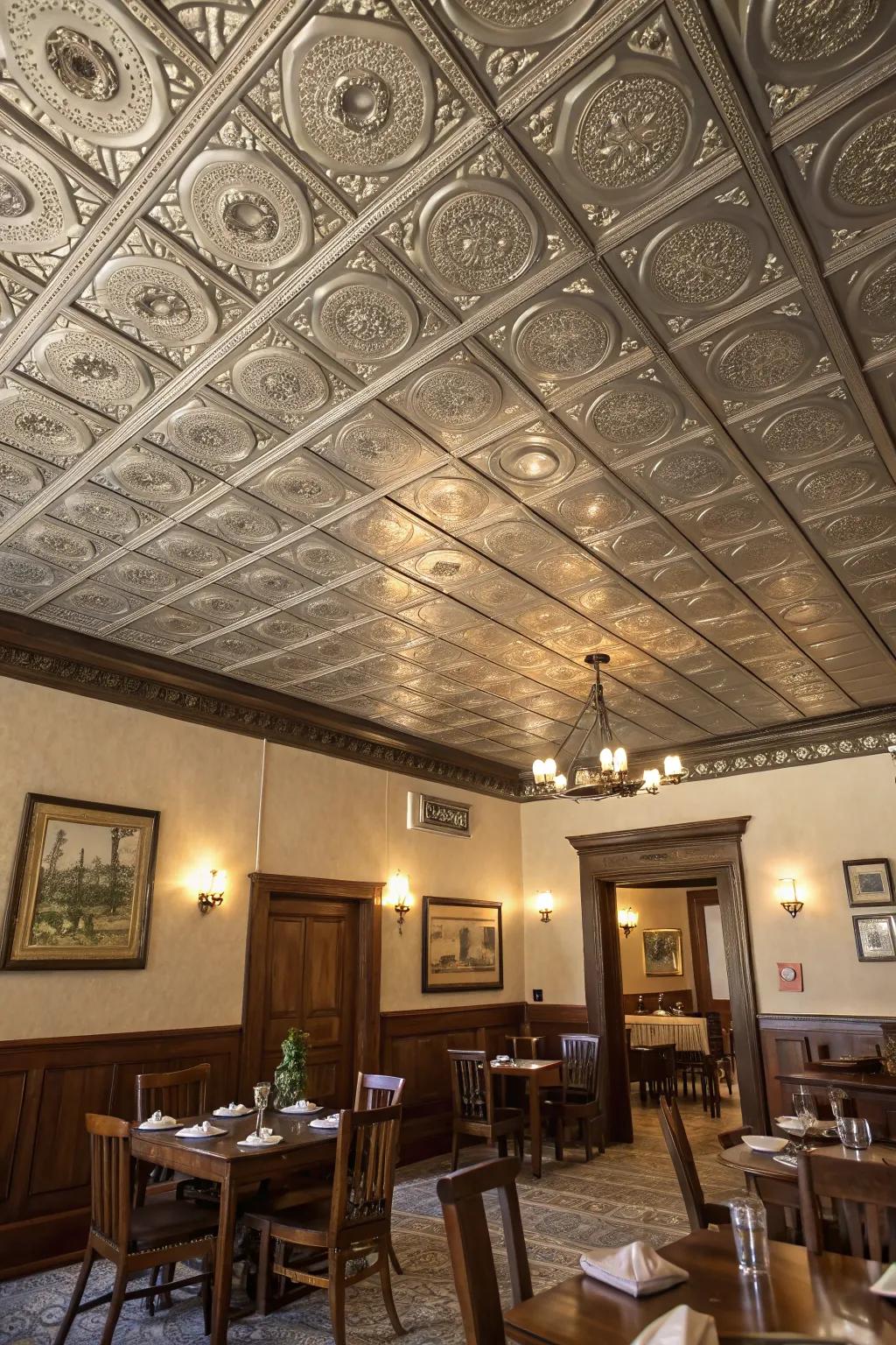 Metal-look tiles will bring vintage charm to any ceiling.