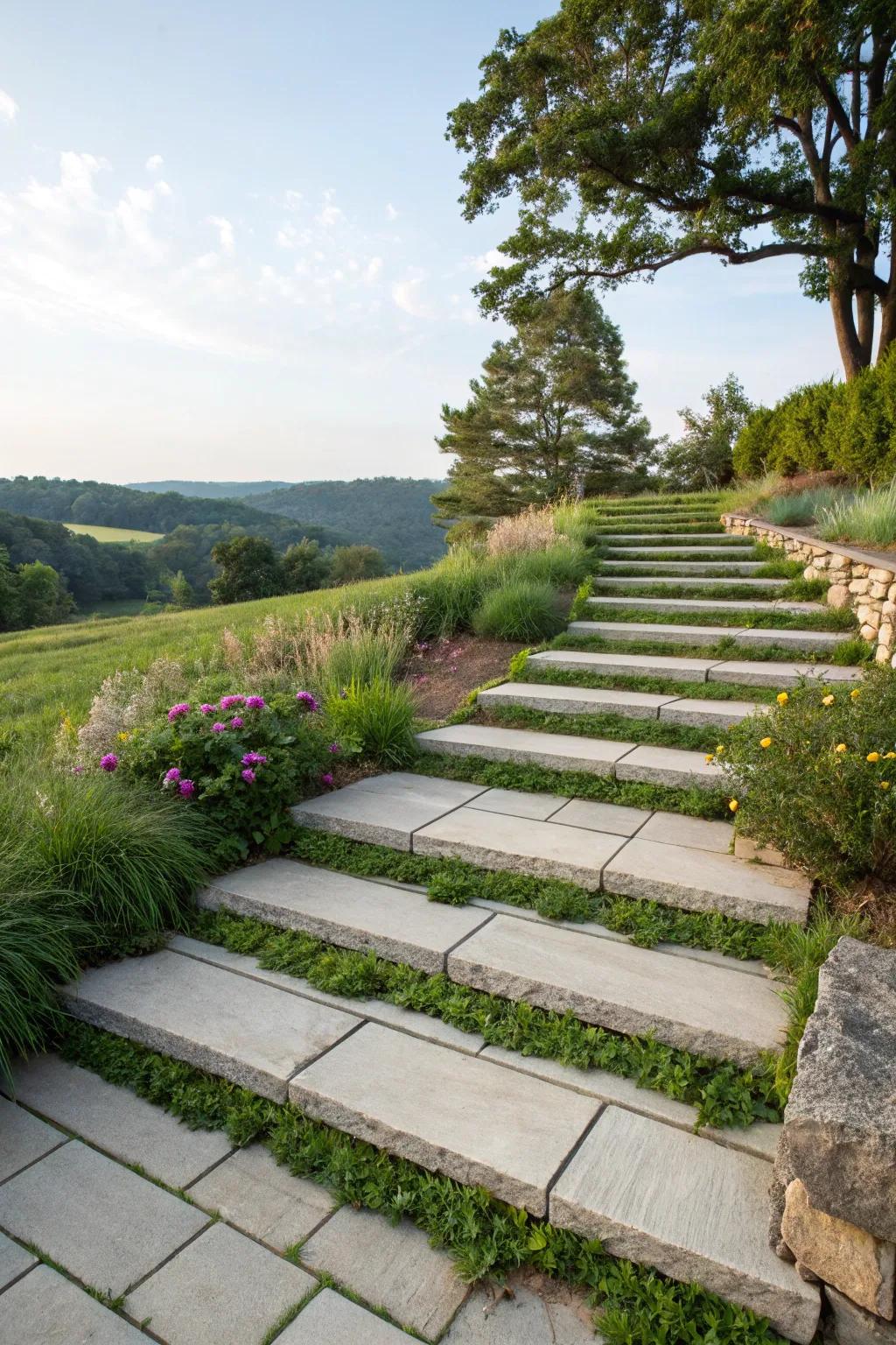 A seamless fusion of concrete steps and grass details for a natural ambiance.