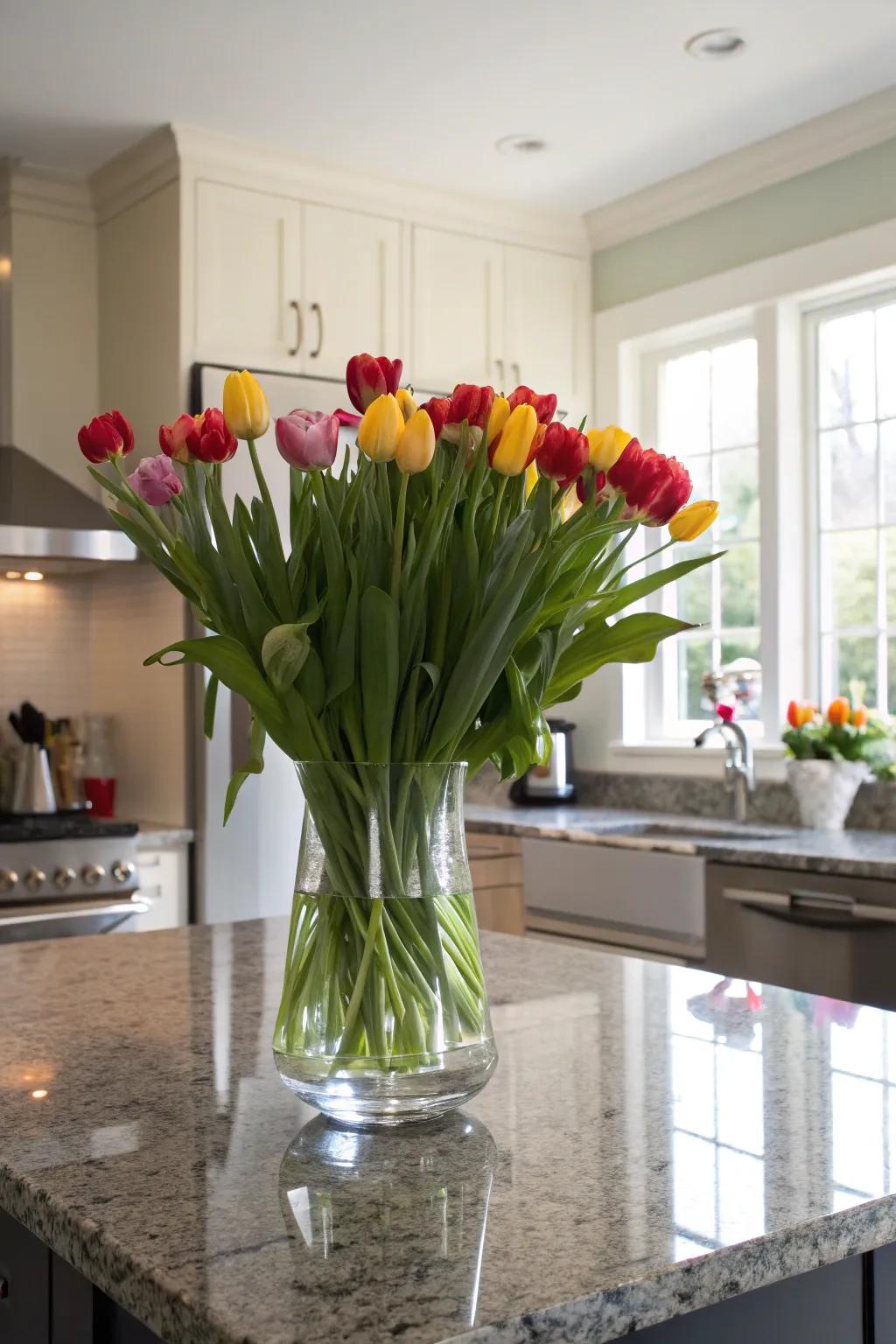 Elevate your kitchen island with a flower holder of seasonal tulips.