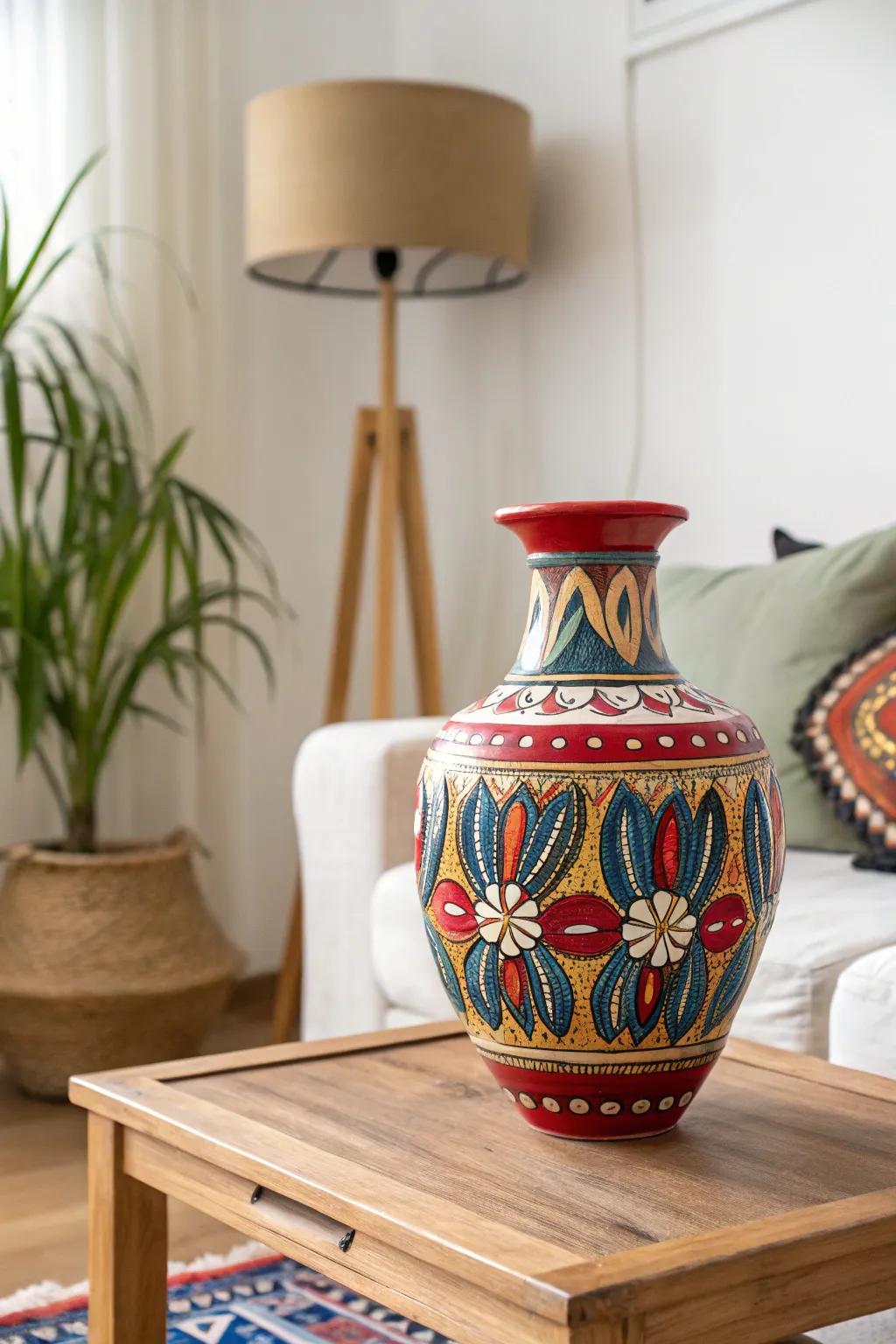 A vibrant ceramic vase serving as a focal point in a minimalist living area.