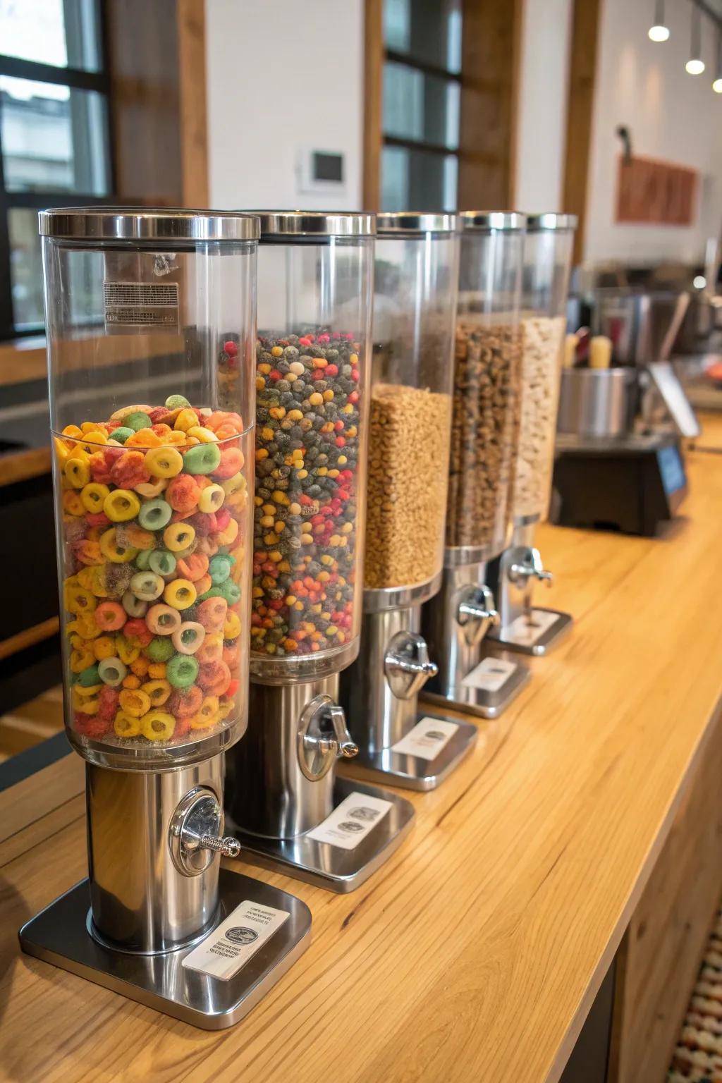 See-through dispensers for a well-organized cereal bar.