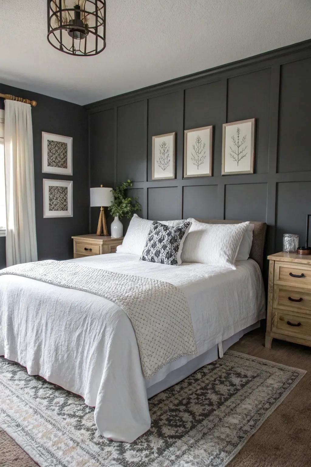 A timeless pairing: deep gray walls matched with sharp white features.