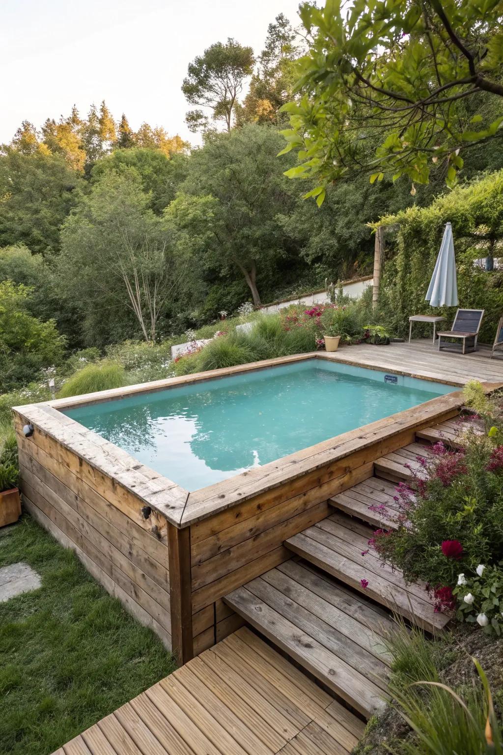 A charming wood deck brings character and practicality to your pool area.