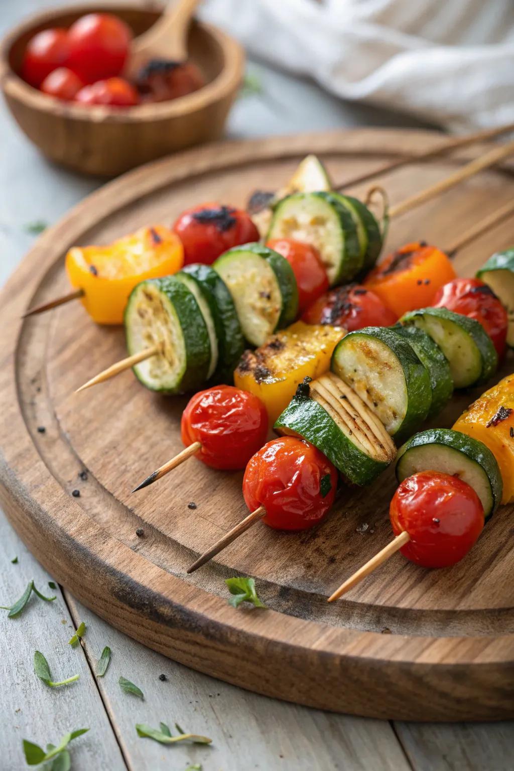 Vibrant and tasty veggie skewers, primed and ready for grilling.