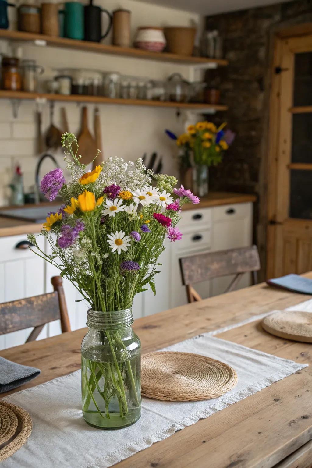 Repurposed glass vessels charmingly display wildflowers.