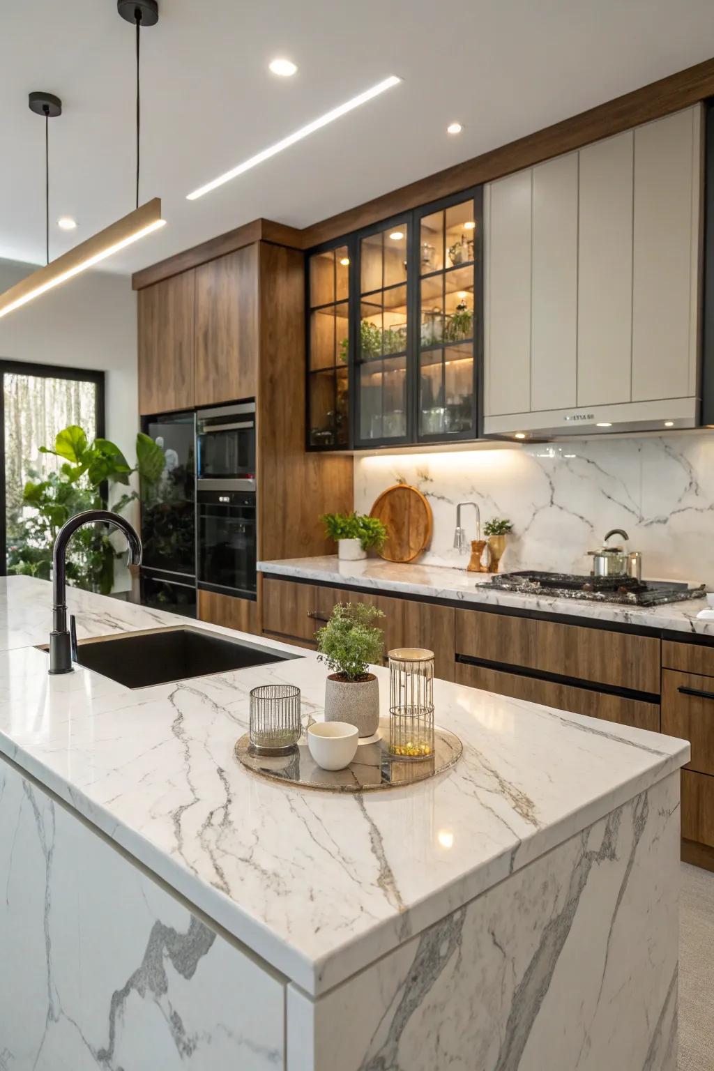 Chic kitchen featuring laminate countertops with a marble effect.