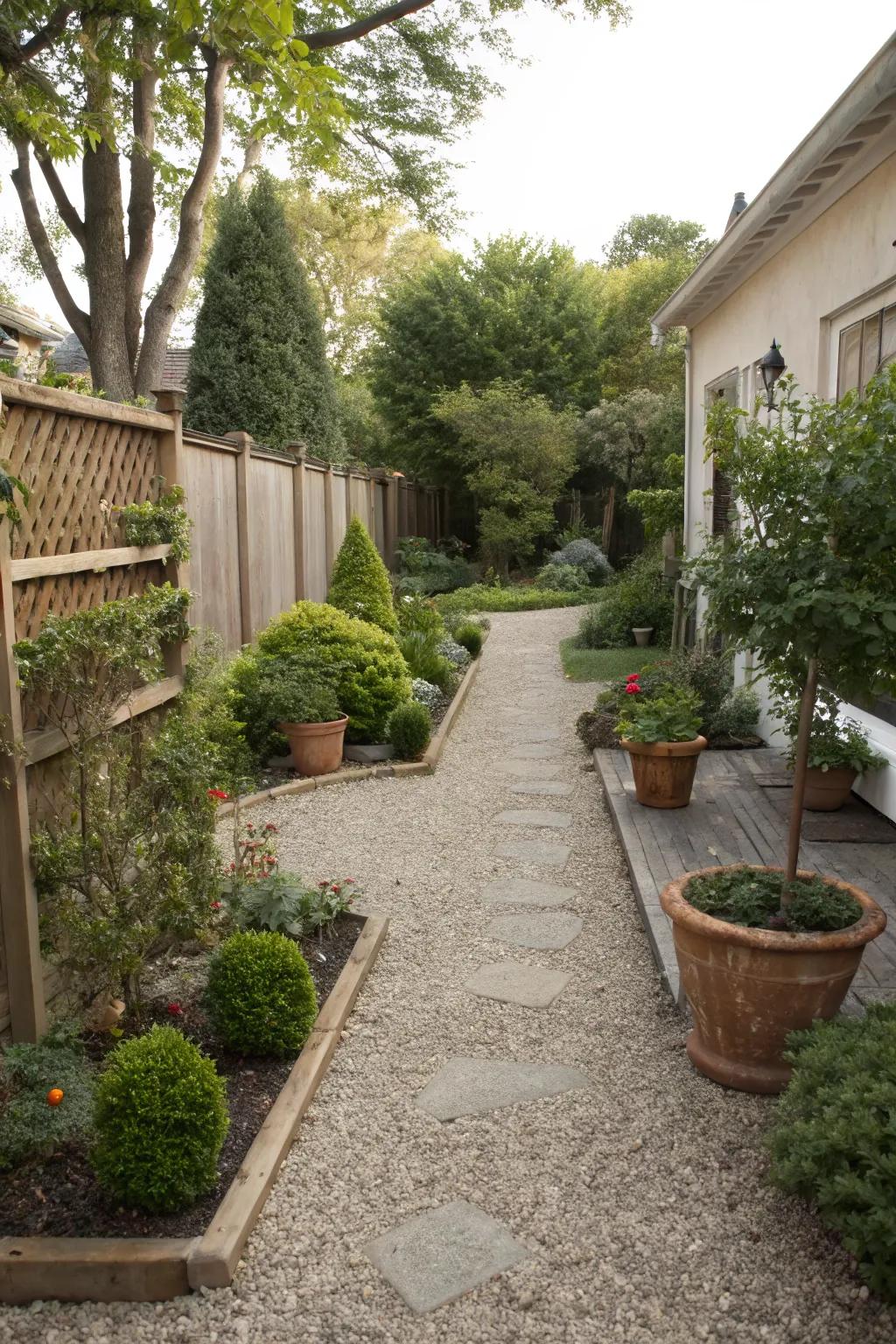Gravel pathways create a defined and elegant look for any backyard.