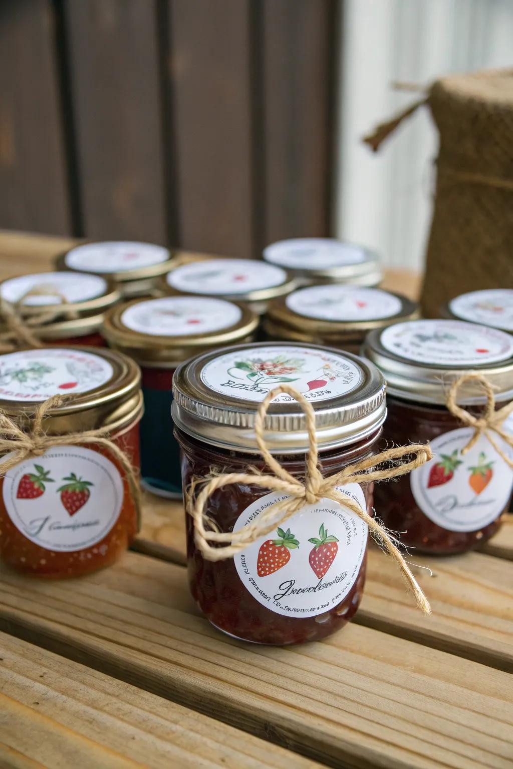 Charming containers of homemade preserve make sweet wedding favors.
