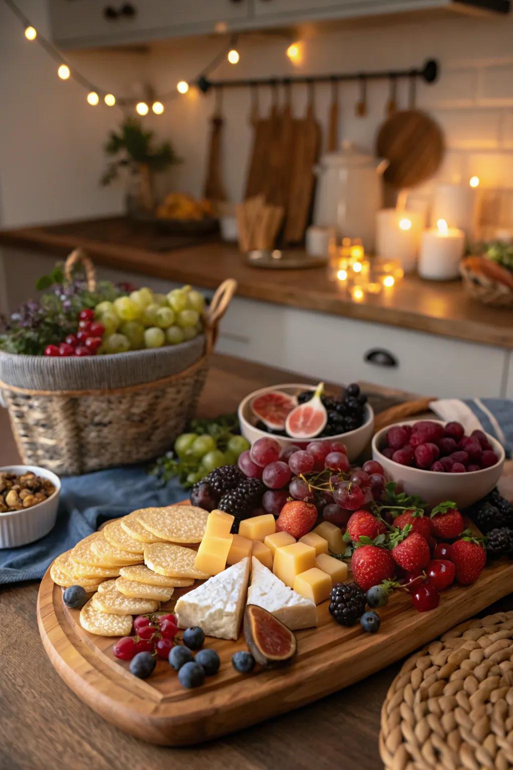 A cheese board featuring a variety of vibrant fruits.