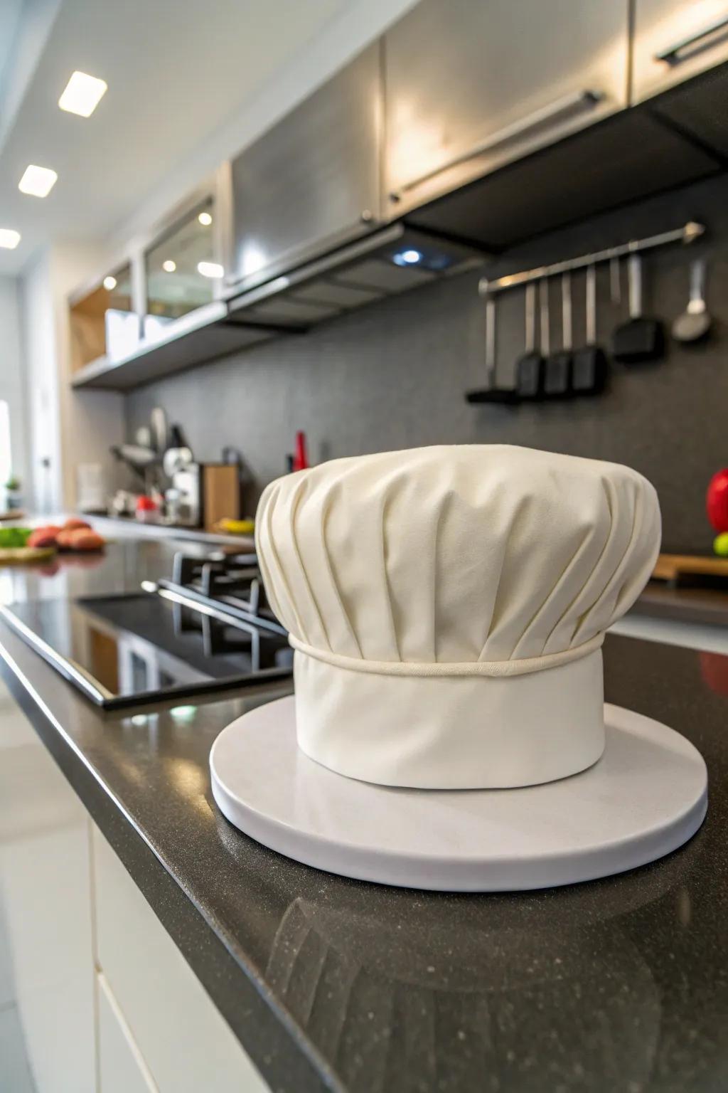 A cake crafted to resemble a traditional chef's hat using smooth fondant.
