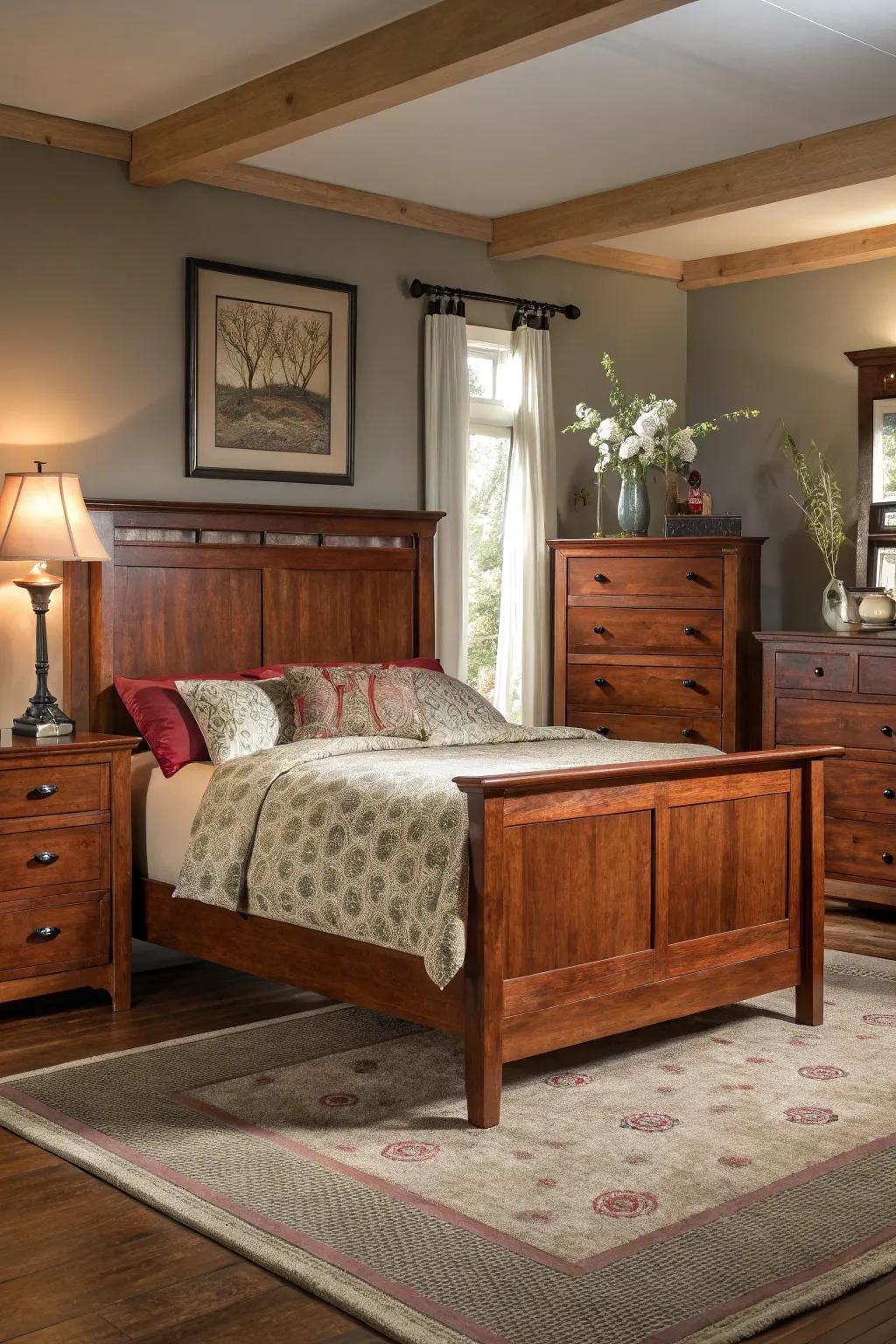 Cherry wood furnishings emphasized by soft lighting, showcasing its deep colors.