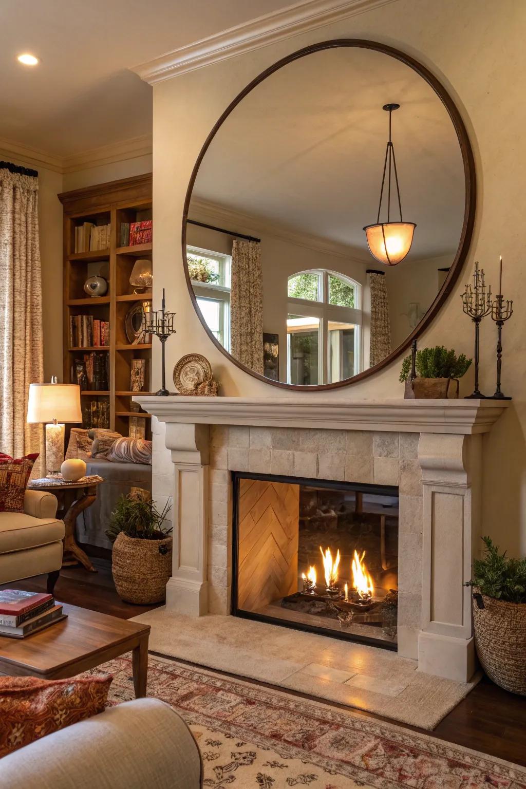 A round mirror above the fireplace enhances the space and adds a sophisticated touch.