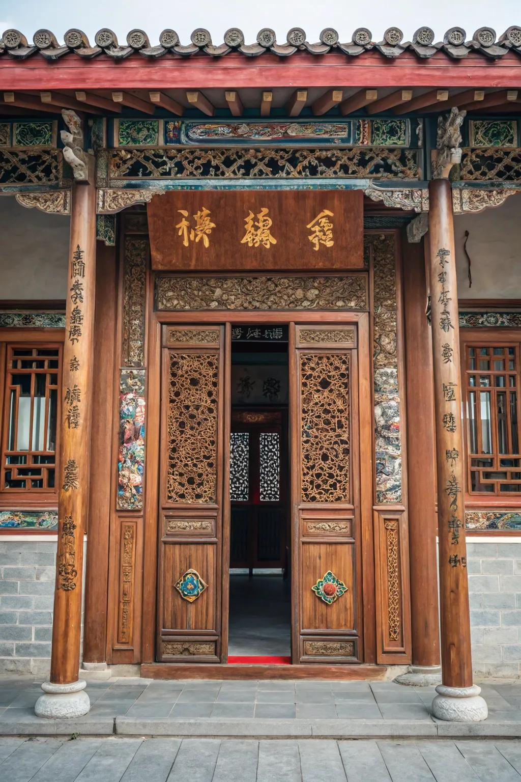 An ornate wooden entryway decorated with intricate Asian carvings.