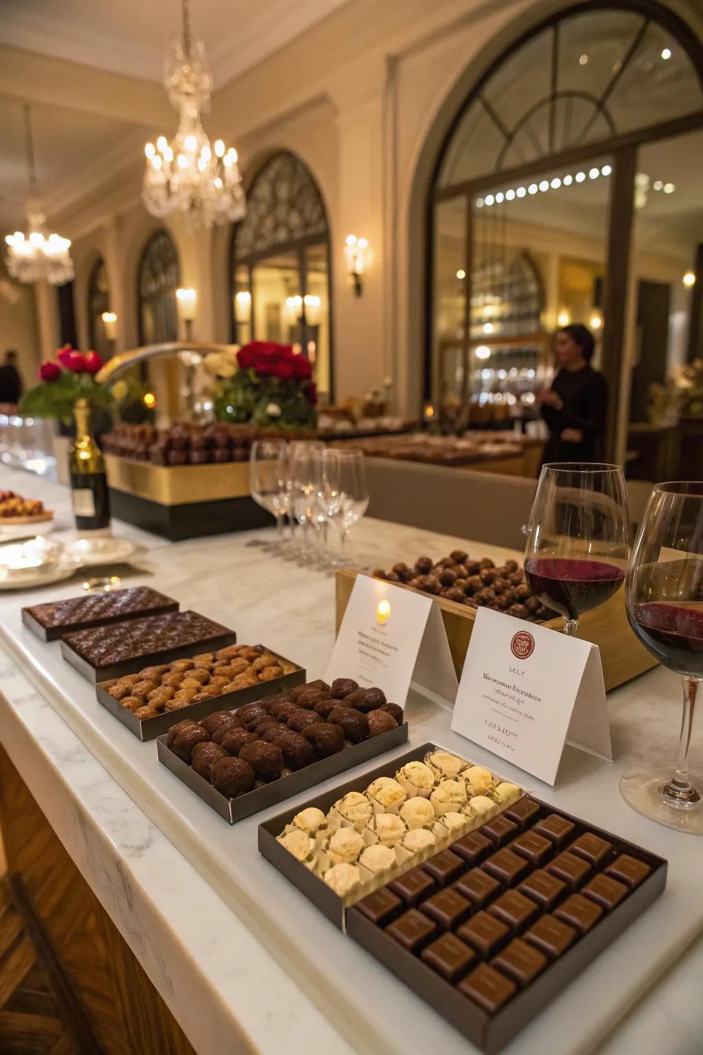 An elegant chocolate sampling station featuring a diverse selection of global flavors.