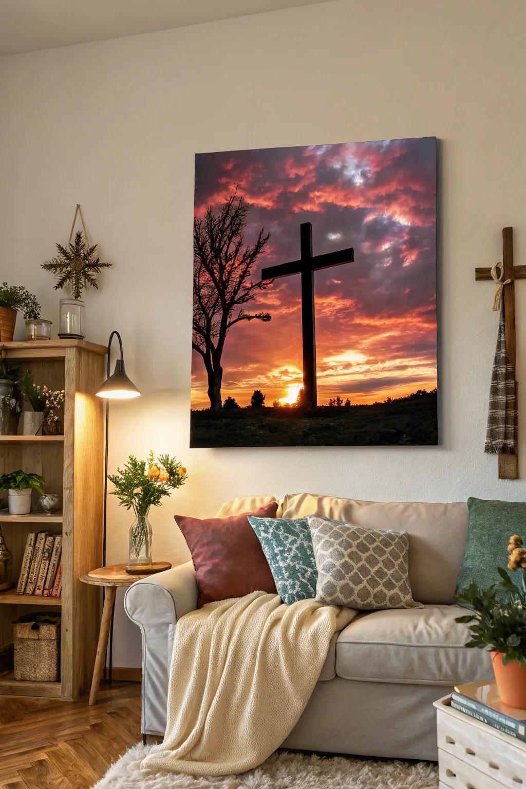 A cross enhanced by a sunset sky evokes faith and warmth in any setting.