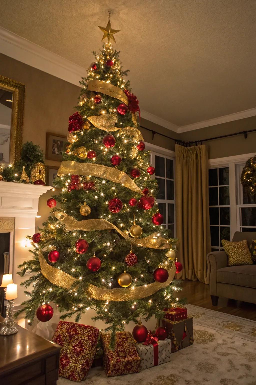 A classic red and gold Christmas ball tree, perfect for a traditional holiday setting.