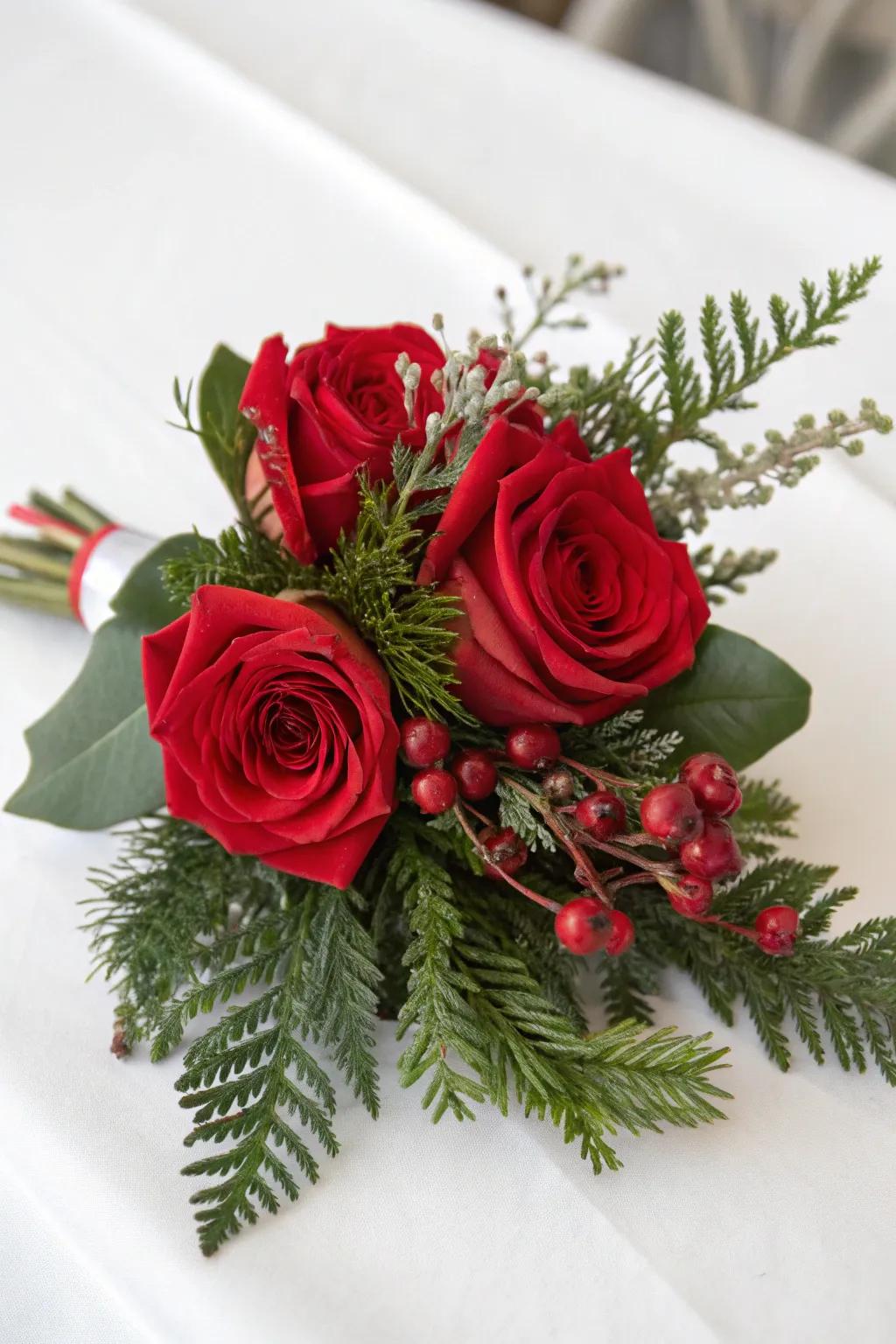 A classic Christmas corsage featuring scarlet roses and verdant sprigs.