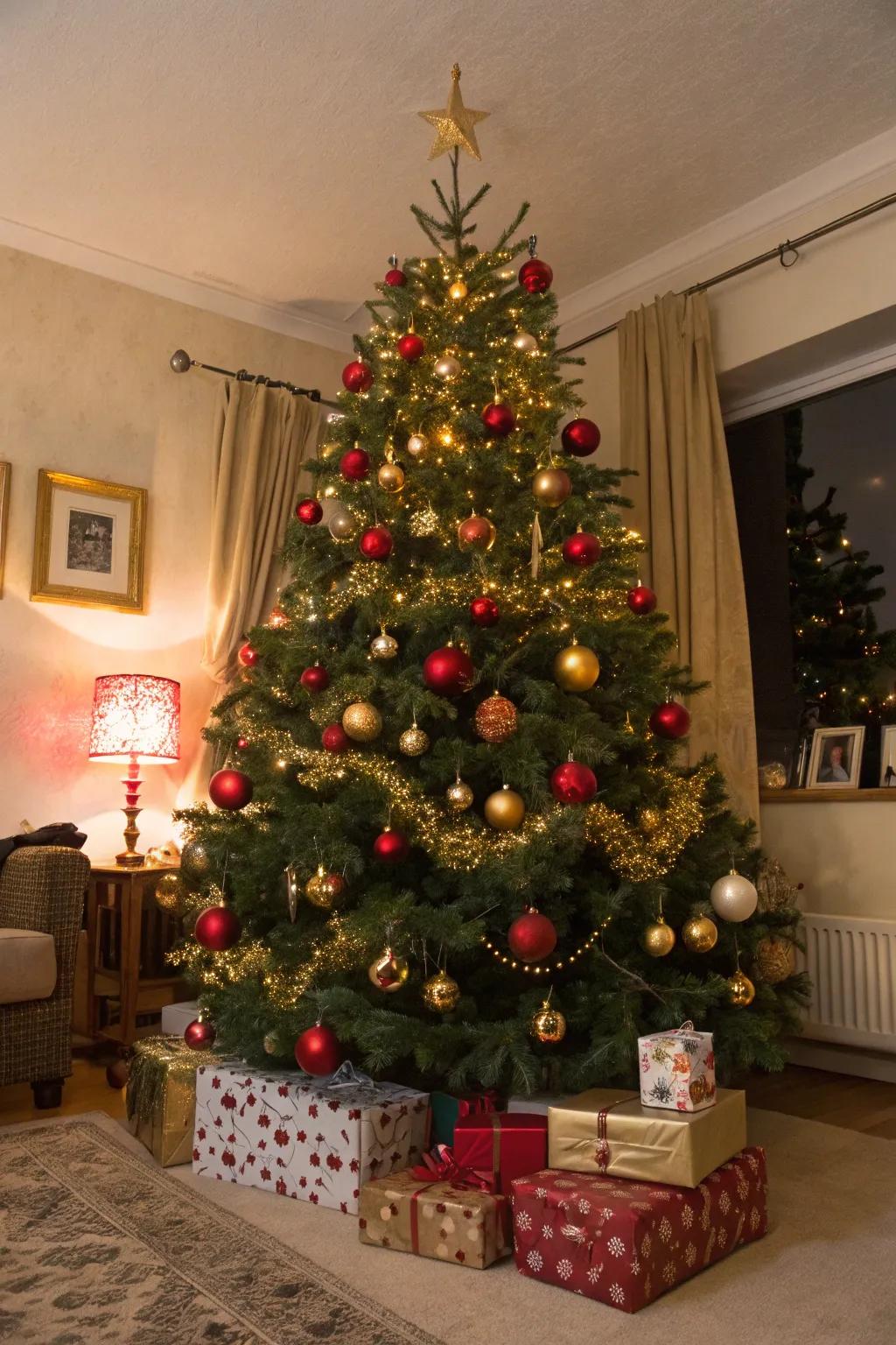 A timeless Christmas tree radiating with gold and red ornaments.