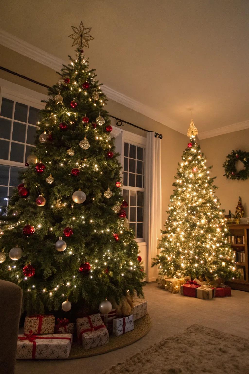 Twin Christmas trees add a unique festive flair to your living space.