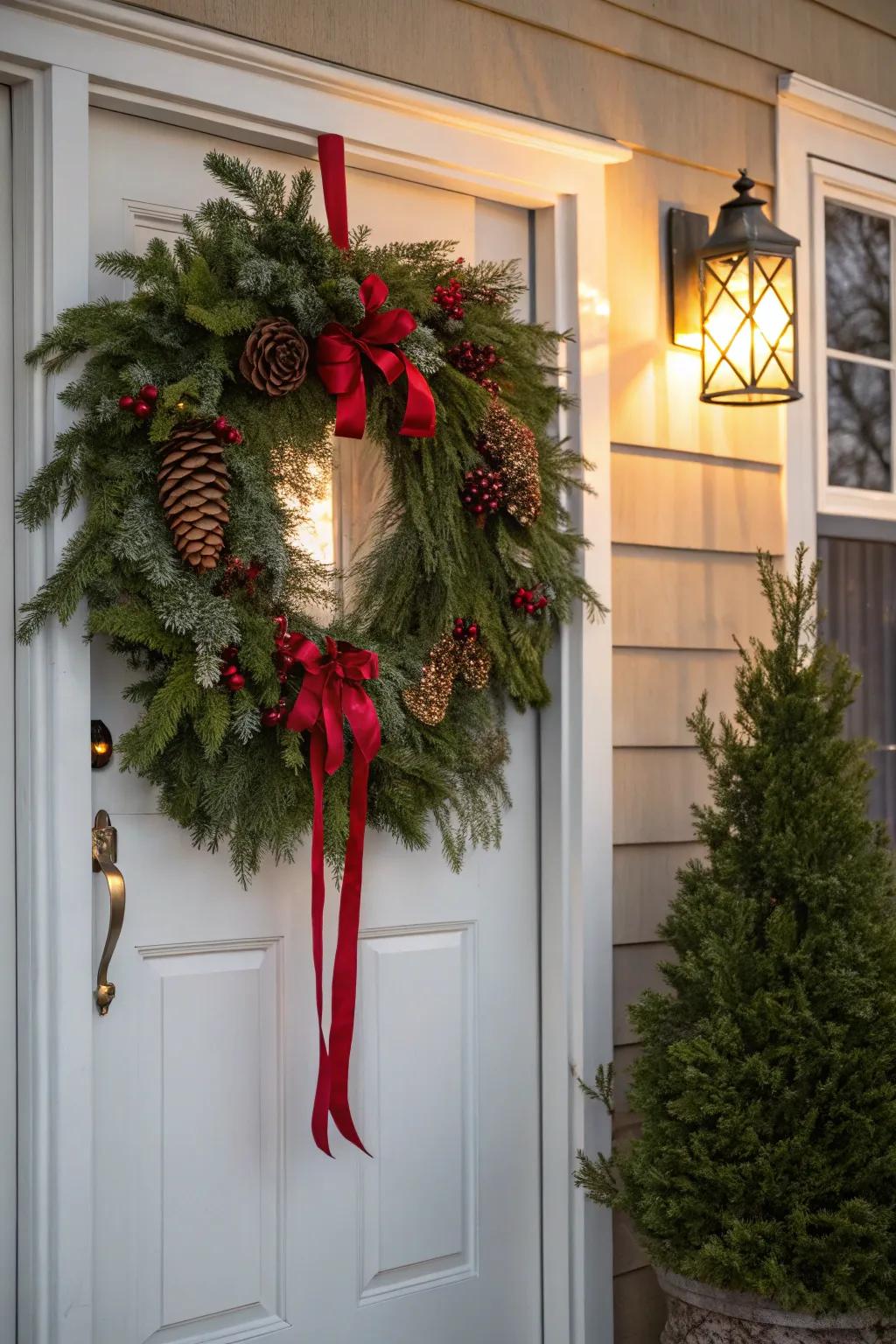 Timeless beauty with a traditional evergreen wreath.