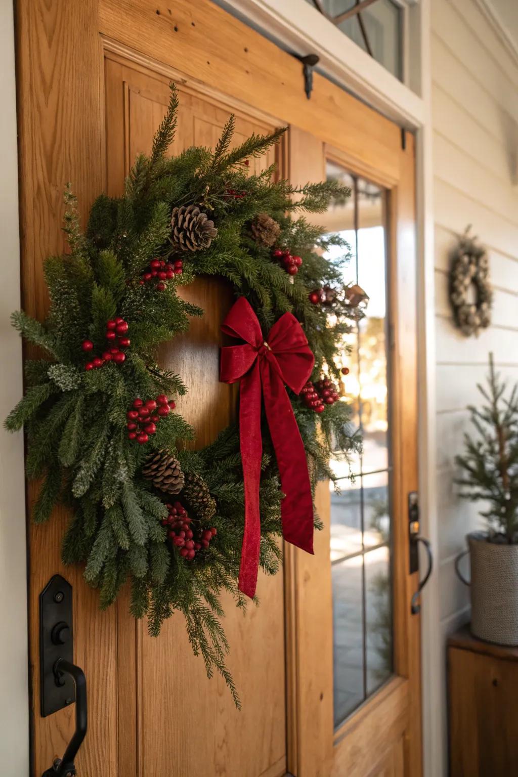 A timeless evergreen wreath with a striking red bow enhances this festive door.