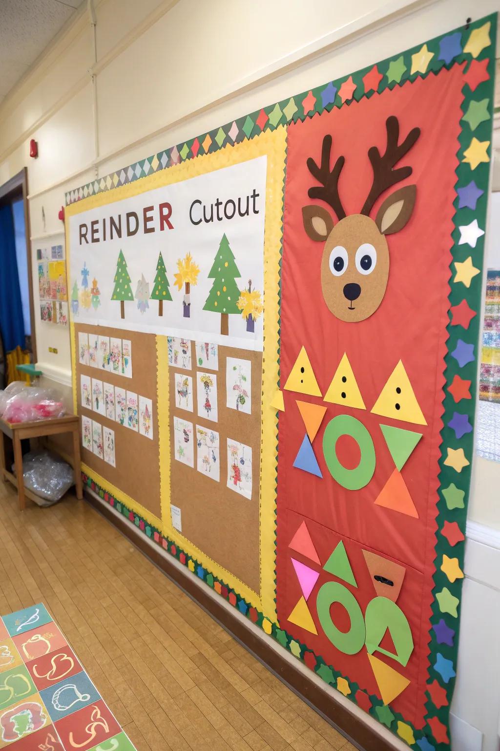 Reindeer fashioned from geometric shapes illuminate the classroom.