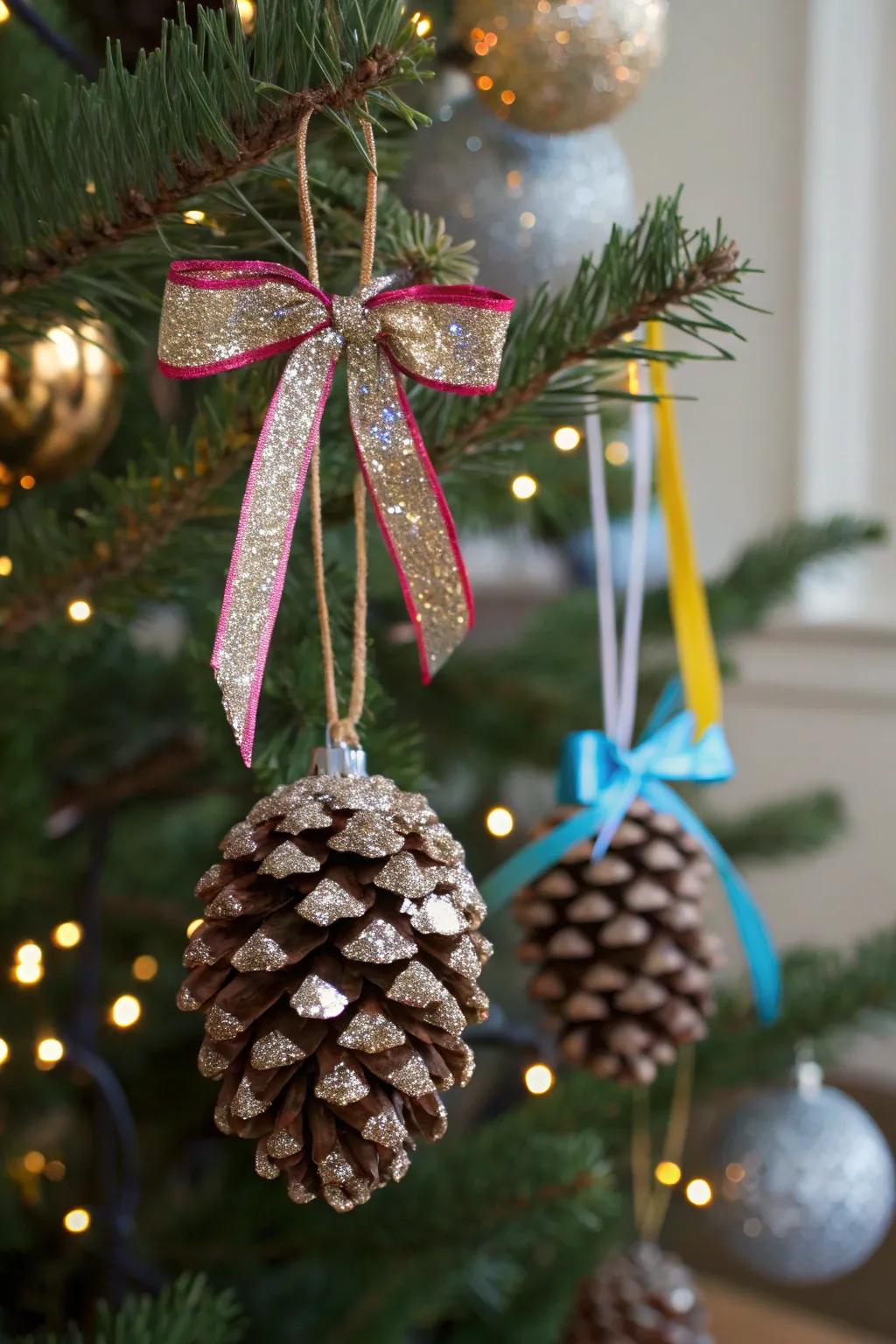 Pine cone ornaments decorated with glitter and ribbon displayed on a Christmas tree.