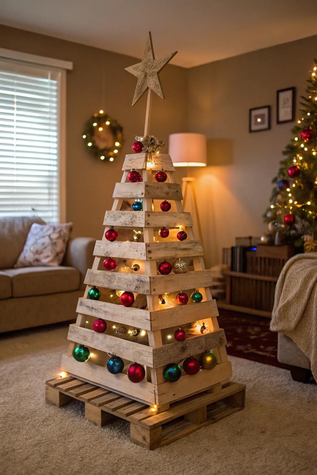Design a rustic focal point with a pallet Christmas tree.