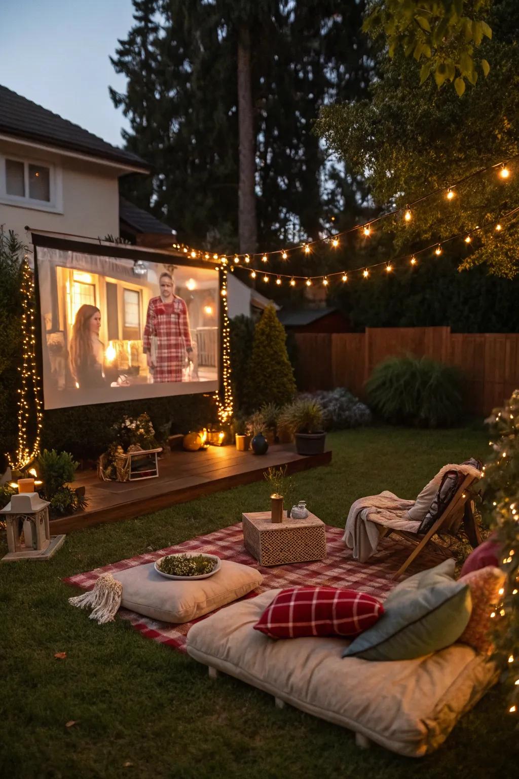 A captivating backyard Christmas movie night scene with all the comforting touches.