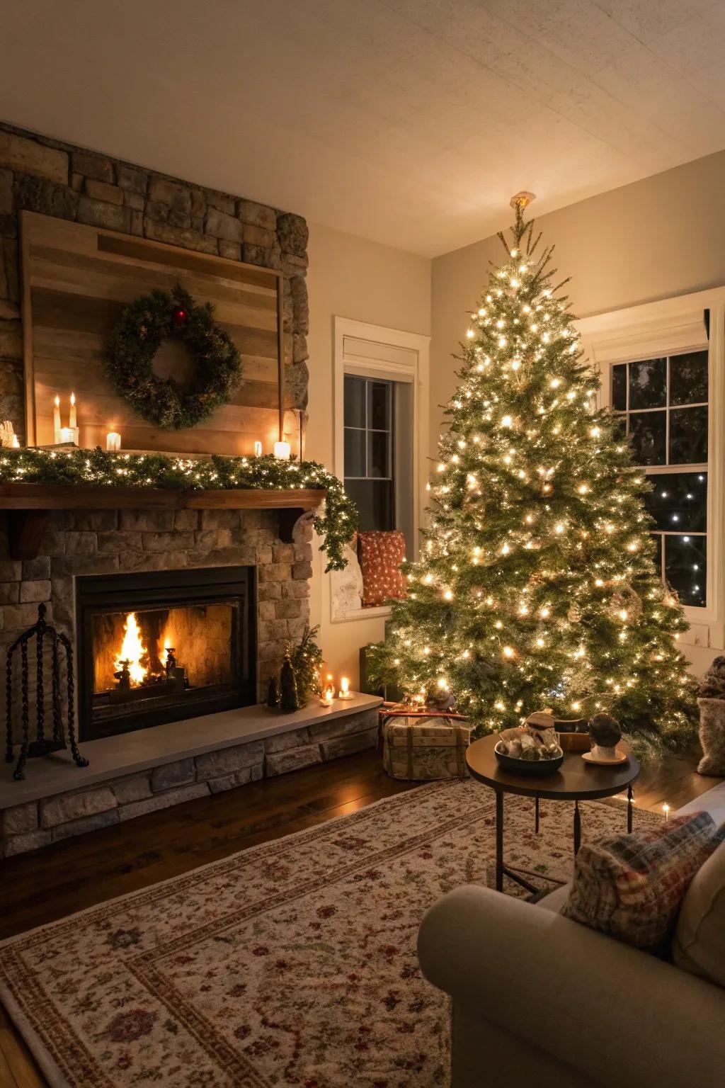 A snug living room arrangement featuring a Christmas tree and a glowing fireplace, ideal for festive photographs.