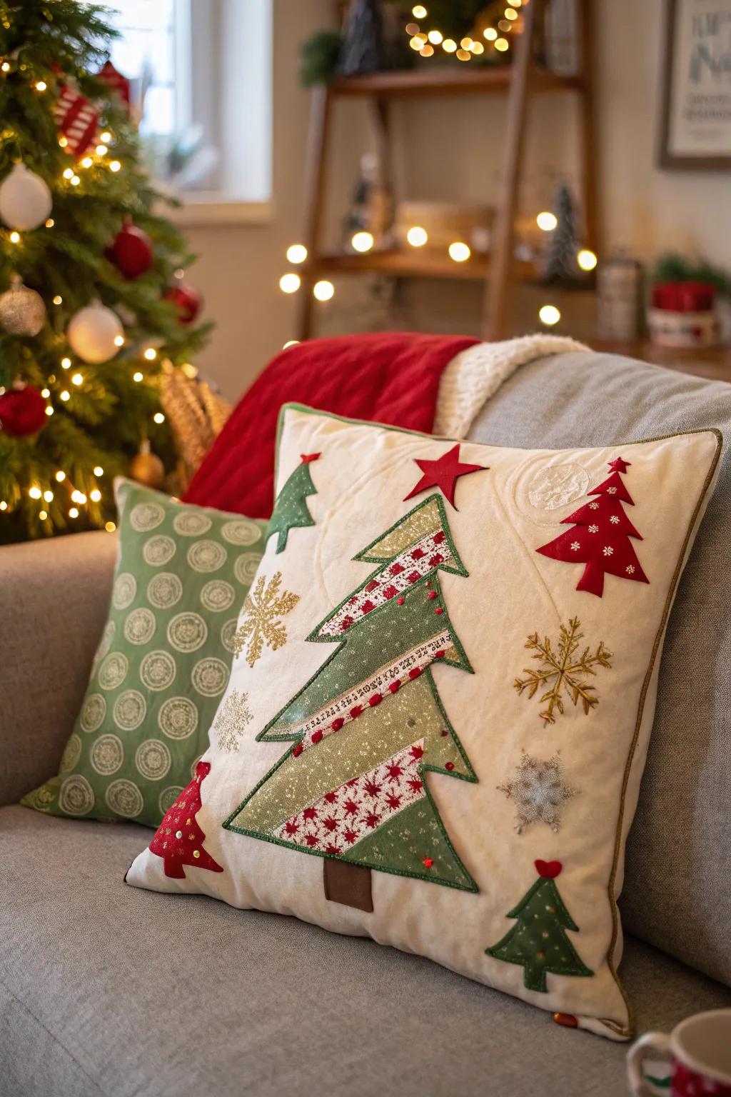 A handmade Christmas Tree Pillow lends charm to the holiday ambiance.